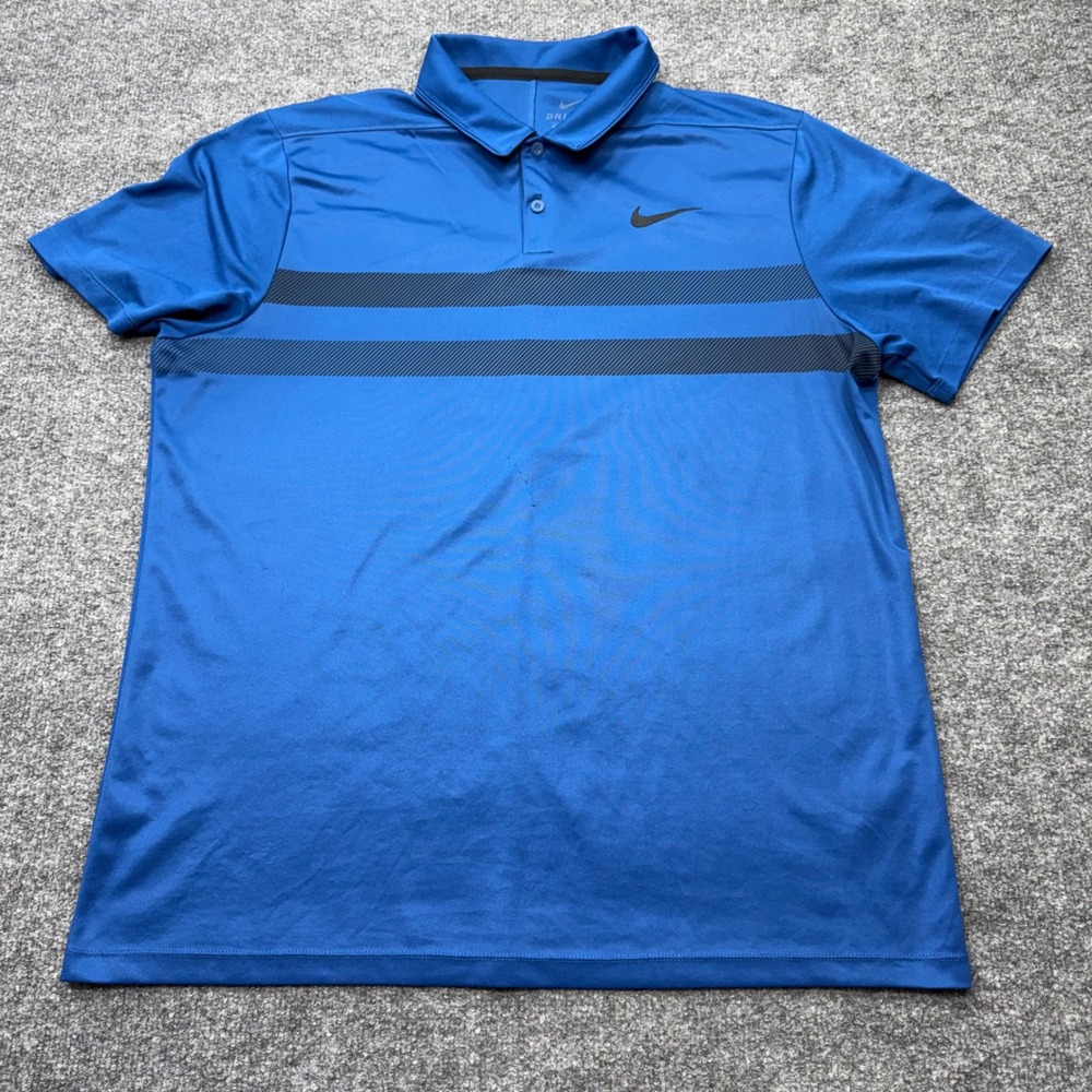 Nike Golf Dri-FIT Polo Shirt Mens‎ Large Blue Striped Short Sleeve Swoosh Logo